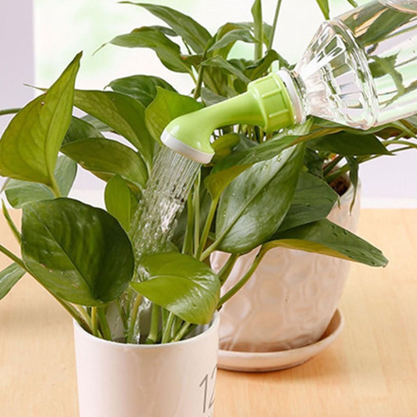 Wukusy garden water sprinkler head with 2 bottle watering nozzles for plants, adjustable garden watering spray.