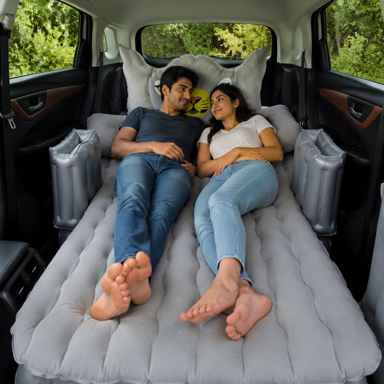 Wukusy car air mattress bed set with inflatable cushions, pillow, and air pump for travel comfort and convenience.