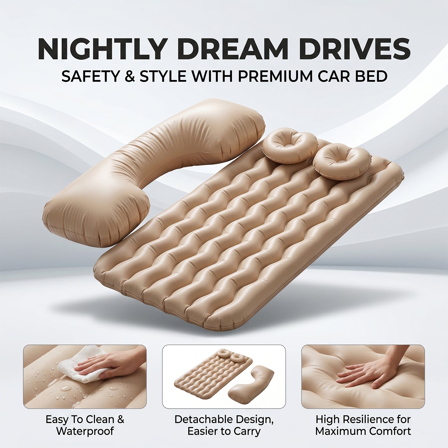 Wukusy car air mattress bed set with inflatable pillows and air pump for comfortable travel sleeping in a vehicle.