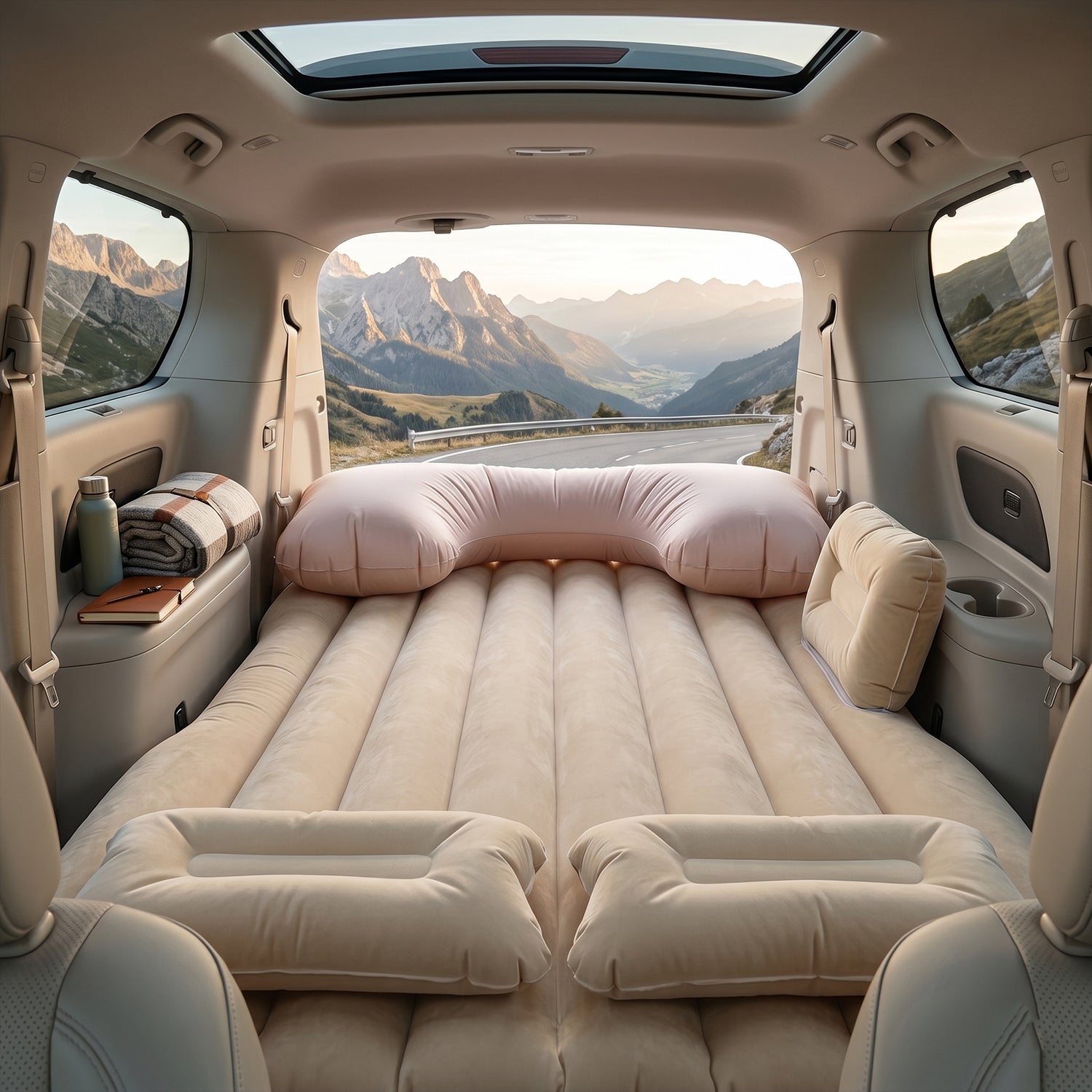 Wukusy car air mattress bed set with inflatable pillows and cushions, featuring a mix of designs, ideal for travel comfort.