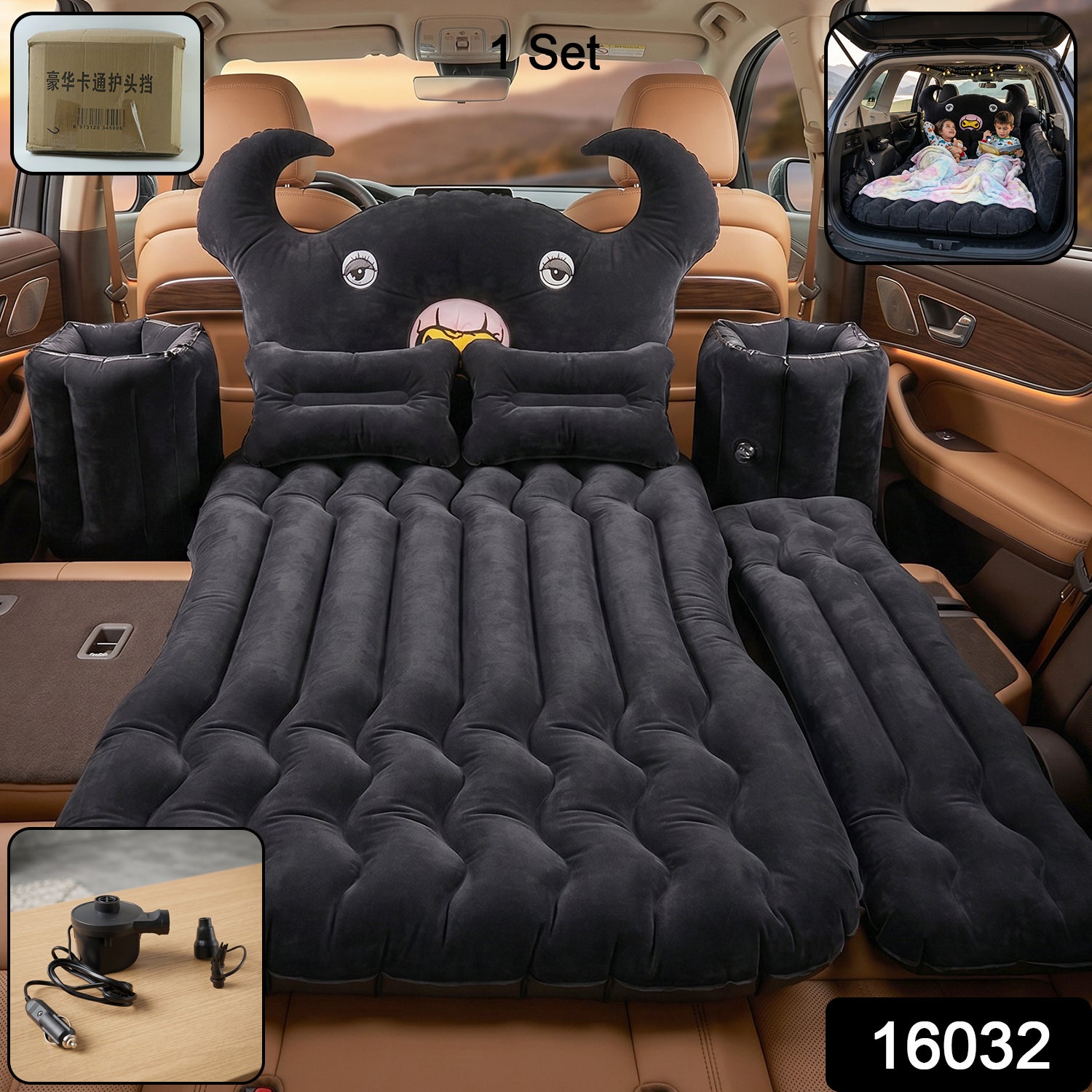 Wukusy car air mattress set with black monster pillow and cushions, designed for kids and adults, shown inflated in a vehicle interior.