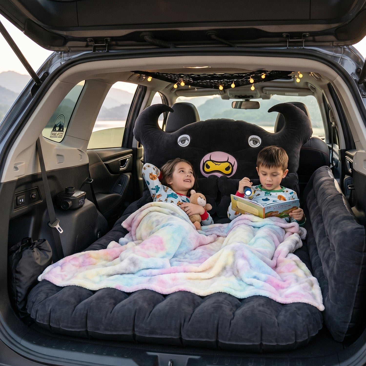 Wukusy car air mattress set with black monster pillow and cushions, suitable for kids and adults, in a cozy indoor setting.