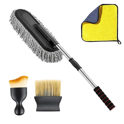 Wukusy car cleaning kit with retractable duster, soft interior brush, AC vent cleaner, microfiber cloth, and complete cleaning set.