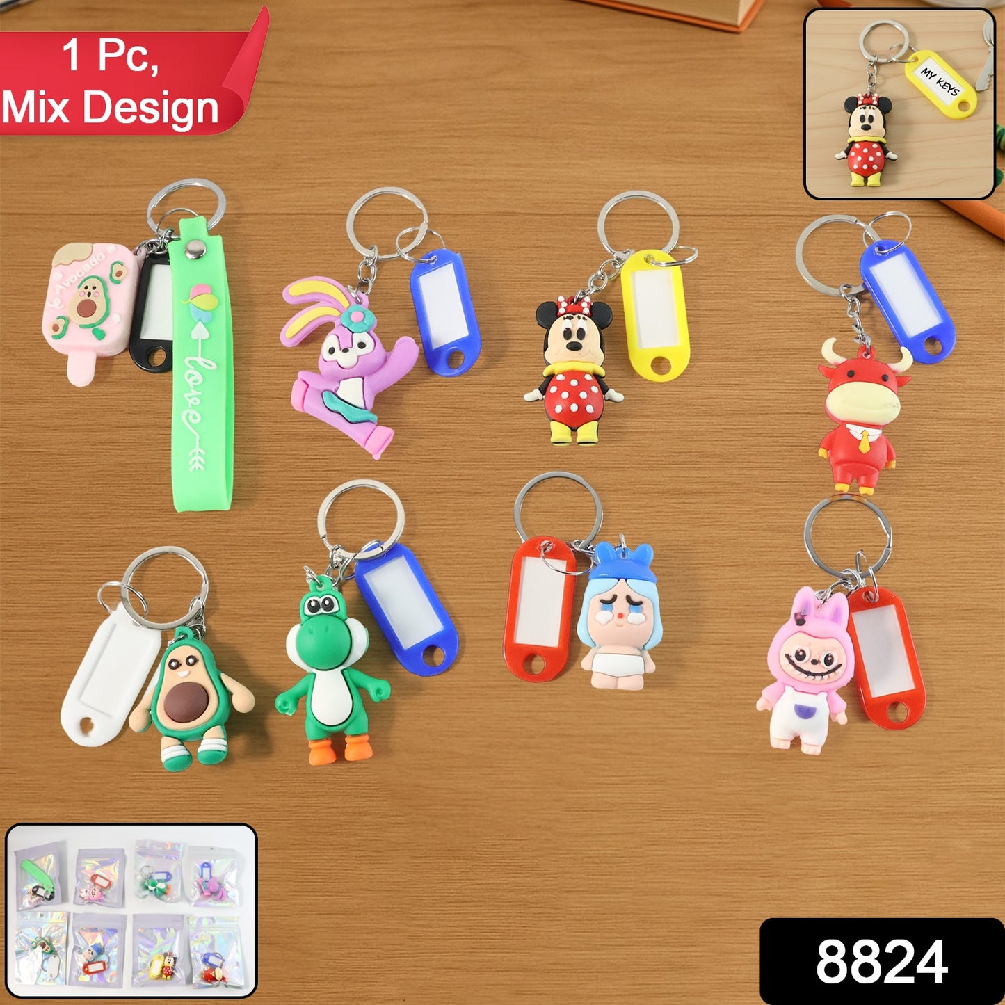 Colorful cartoon character keychain with a name tag from Wukusy, featuring a playful mix design on a keyring.
