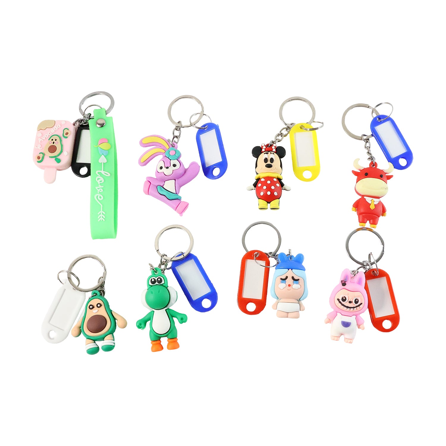 Cartoon character keychain with a customizable name tag from Wukusy, featuring a colorful mixed design.