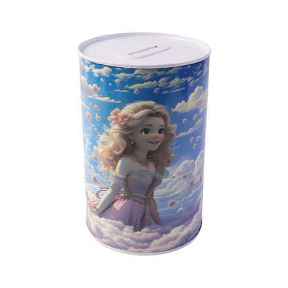 Cute princess cartoon printed metal coin saving box for kids, features a charming princess design and a secure slot for coins.