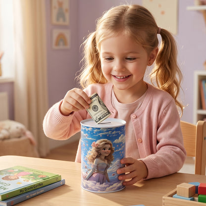Wukusy cartoon princess metal coin saving box for kids, featuring a cute princess design, used as a money bank.