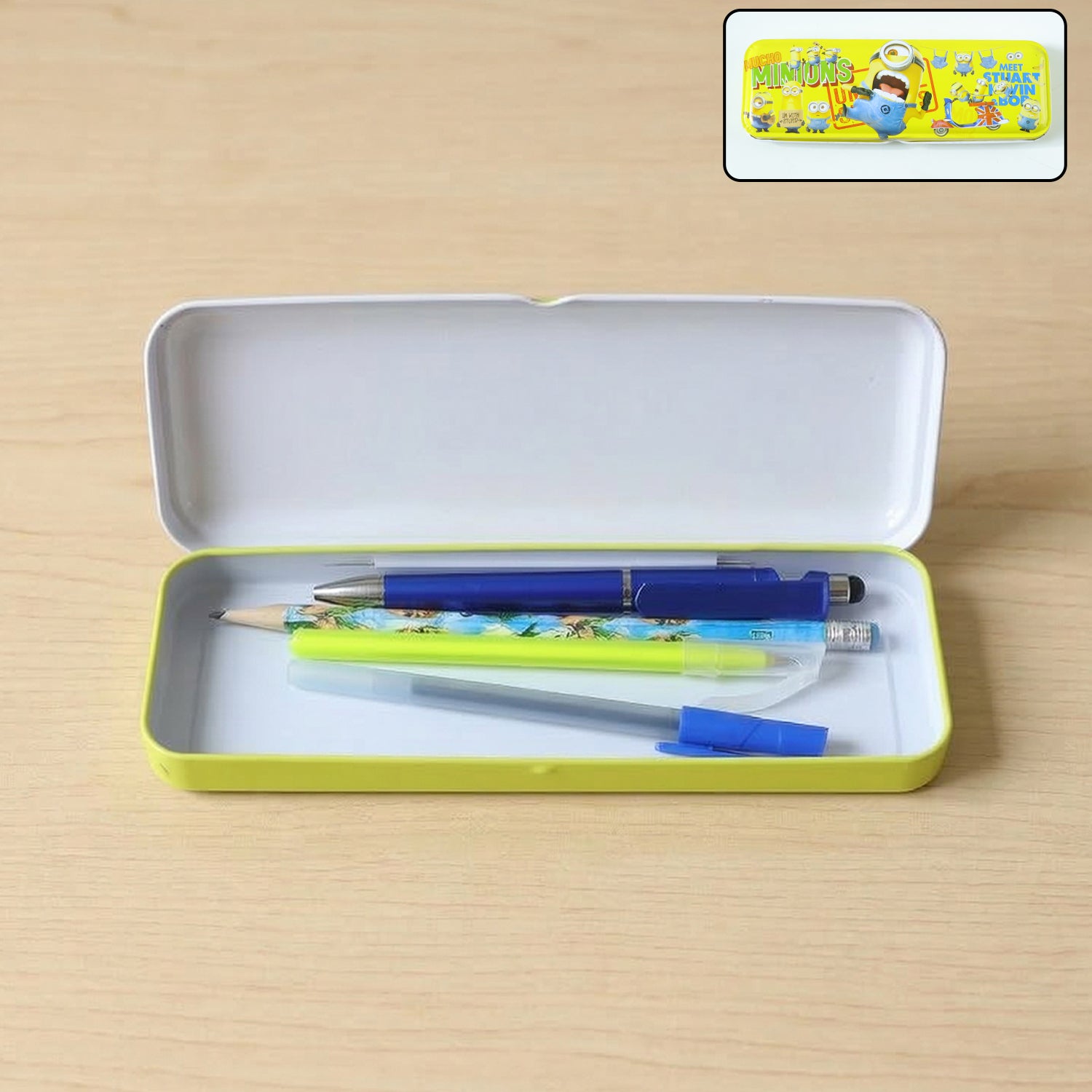 Cartoon-themed metal pencil box with cute design from Wukusy, featuring colorful, playful illustrations for kids.