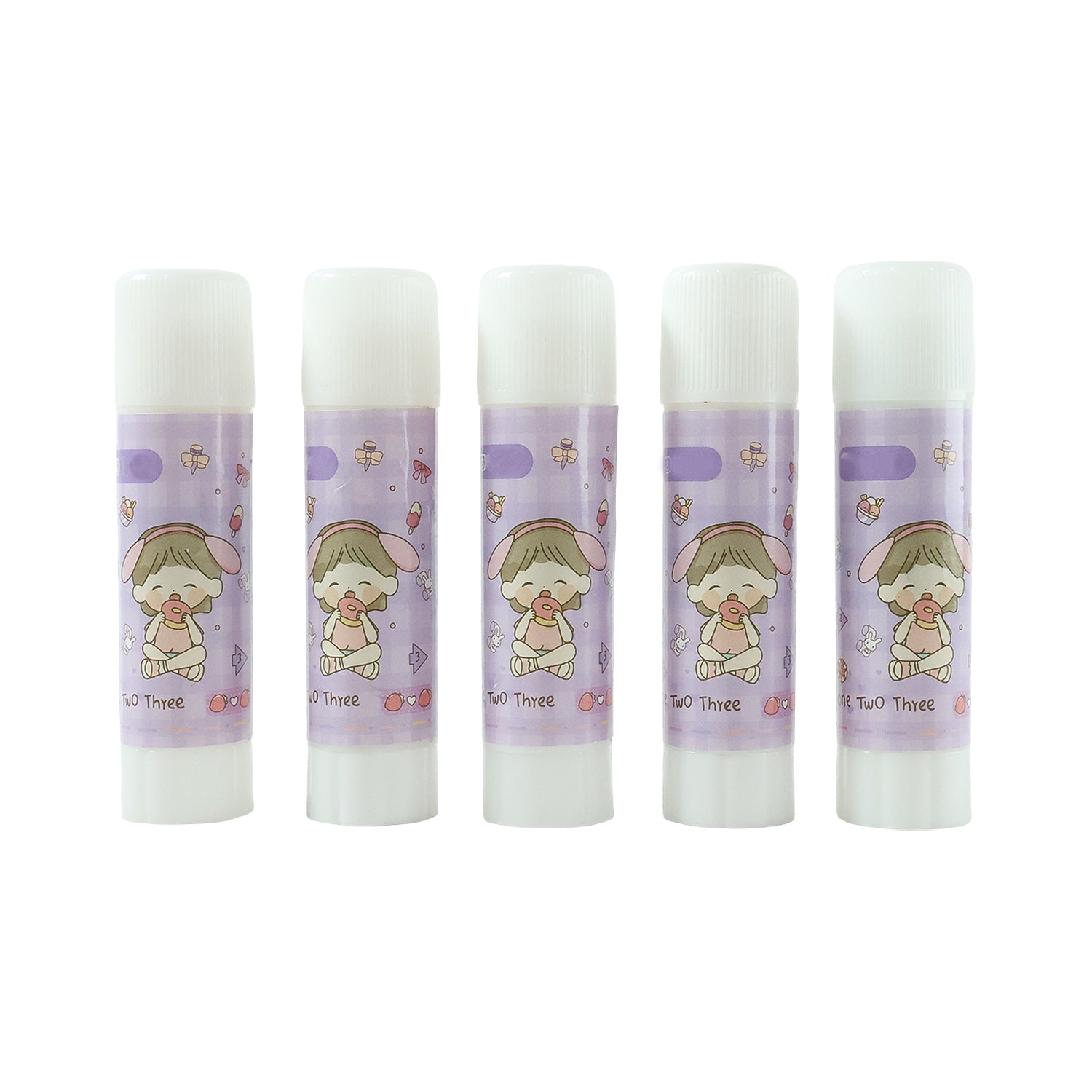 Set of five cartoon-themed solid glue sticks by Wukusy, ideal for arts and crafts projects.