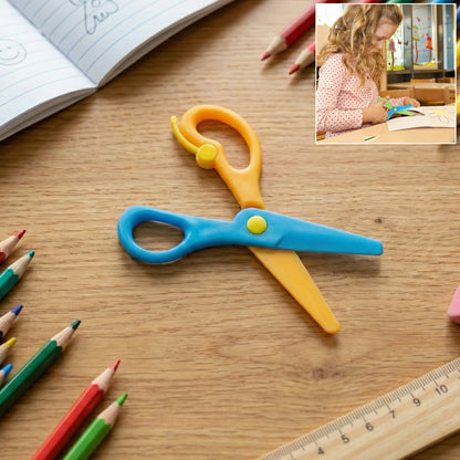 Child-safe plastic safety scissors for kids by Wukusy, featuring rounded edges and bright colors for safe and easy use.
