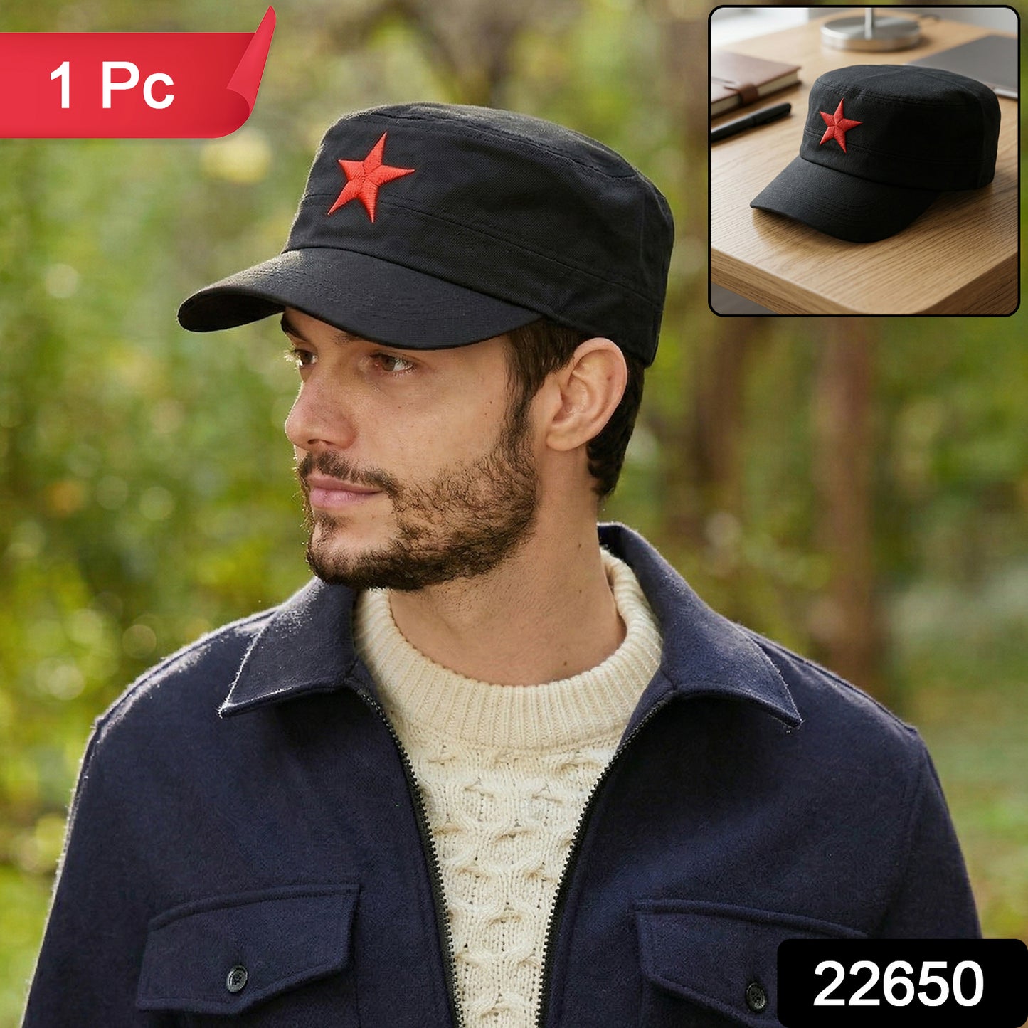 Wukusy classic military style red star cap with adjustable strap and embroidered red star on front, casual headwear for men and women.