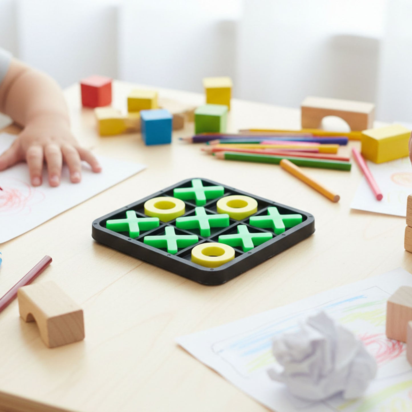Wukusy Classic Tic Tac Toe board game set with a wooden grid and game pieces for two players.