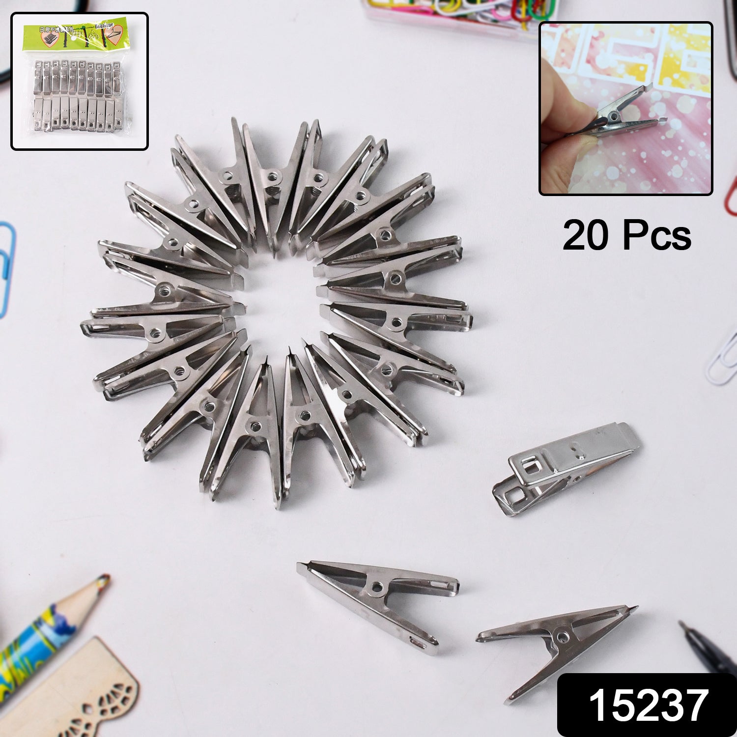 Set of 20 stainless steel cloth drying pins from Wukusy, durable cloth clips for laundry and fabric drying.