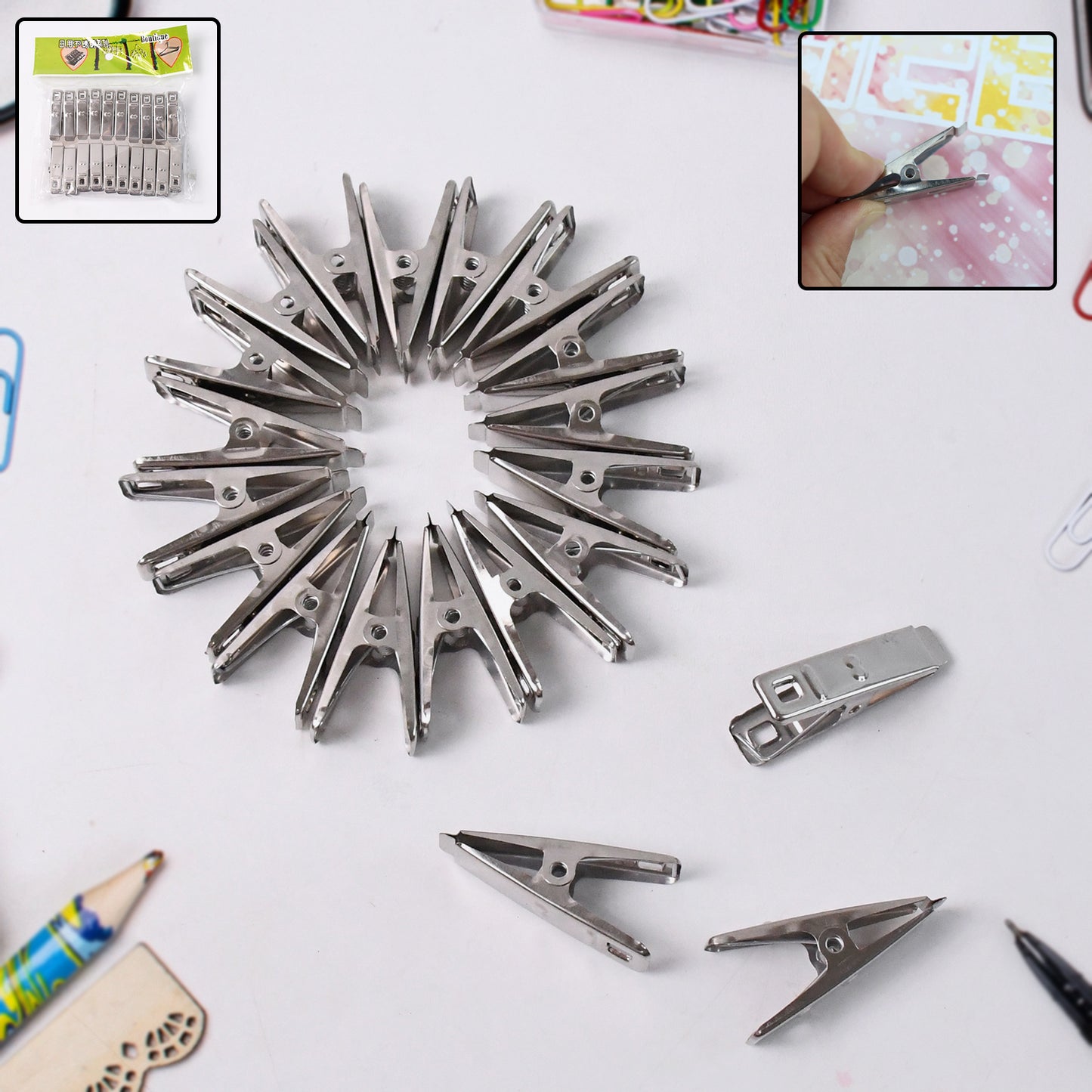 Set of 20 stainless steel cloth drying pins by Wukusy, durable cloth clips for hanging laundry.