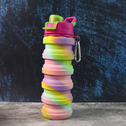 Colorful collapsible silicone water bottle by Wukusy, folded and expanded, showing flexible design and vibrant colors.
