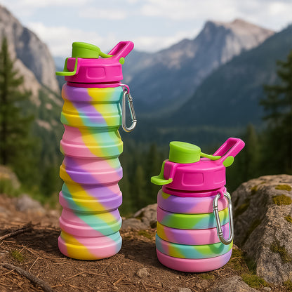 Colorful collapsible silicone water bottle by Wukusy, compact and portable with a vibrant, flexible design for easy carrying.