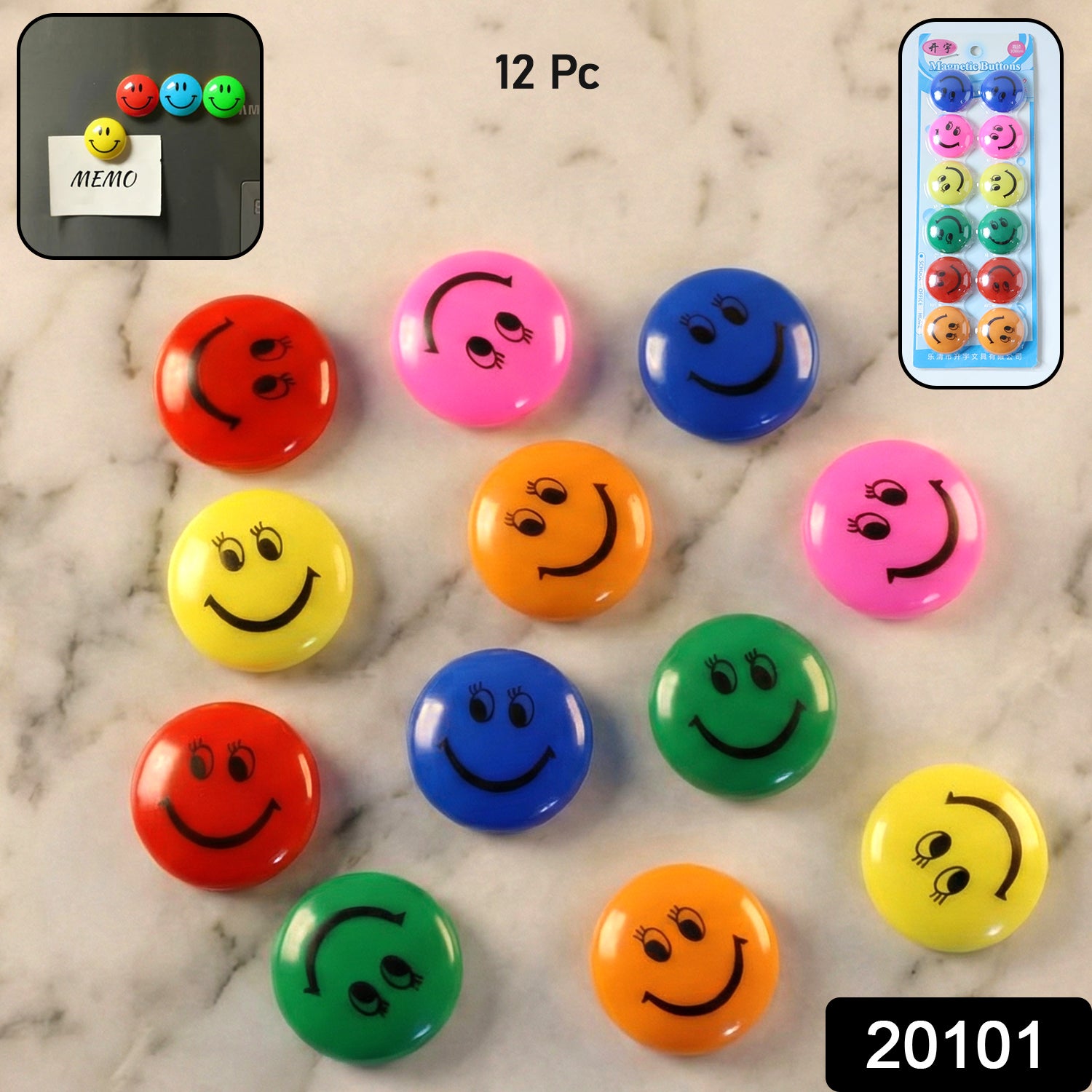 Set of 12 colorful smiley face magnetic buttons by Wukusy, featuring bright, cheerful designs on round metal magnets.