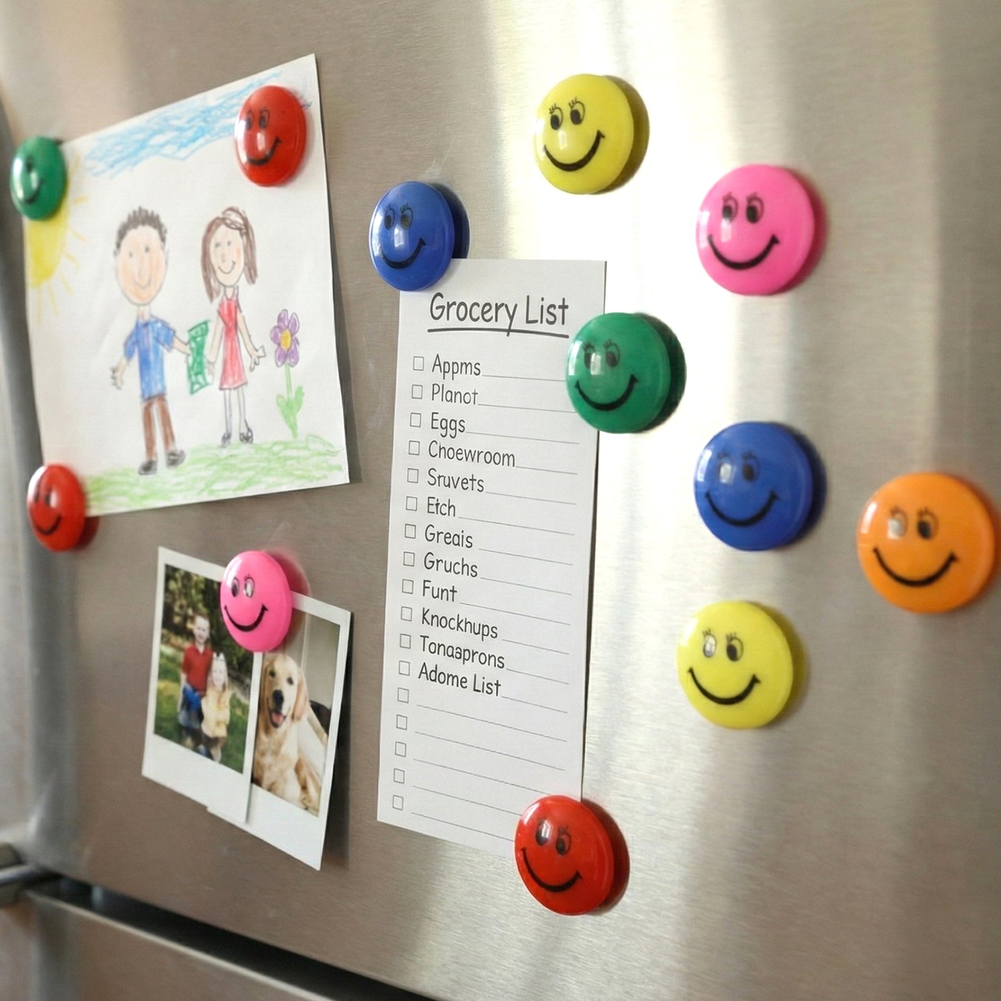 Set of 12 colorful smiley face magnetic buttons by Wukusy, featuring bright, cheerful designs on round metal buttons.