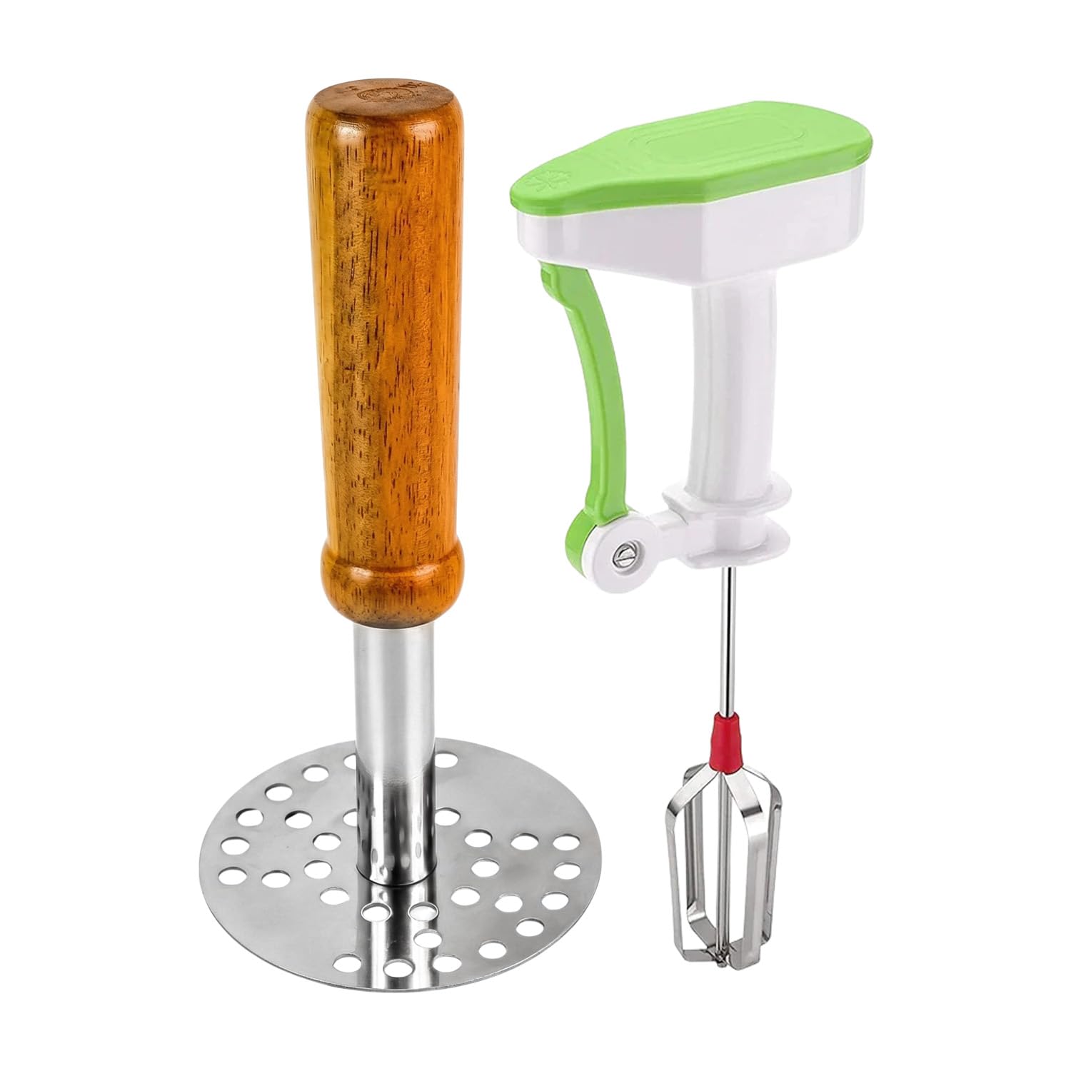 Wukusy combo set with steel potato masher and manual blender for mashing, blending, and cooking in the kitchen.