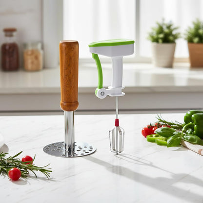 Wukusy steel potato masher and manual blender set for mashing, blending, and cooking—ideal for smoothies, sauces, and mashed potatoes.