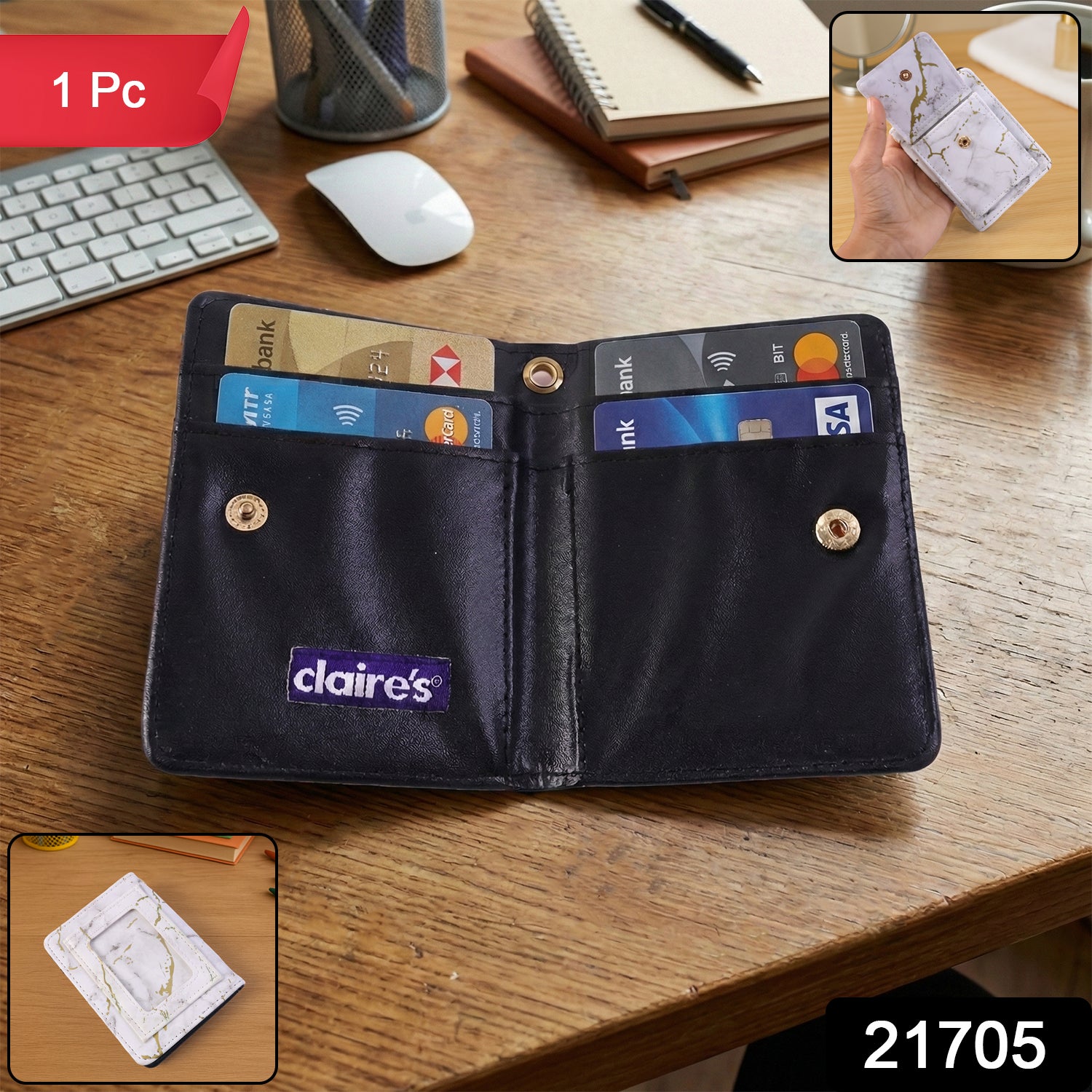 Wukusy compact marble finish snap button card holder wallet with sleek design and secure closure.