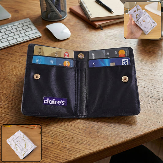Wukusy compact marble finish snap button card holder wallet with multiple card slots and sleek design.