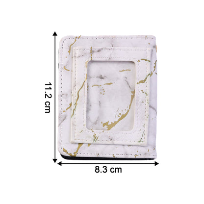 Wukusy compact marble finish snap button card holder wallet with multiple card slots and sleek design.