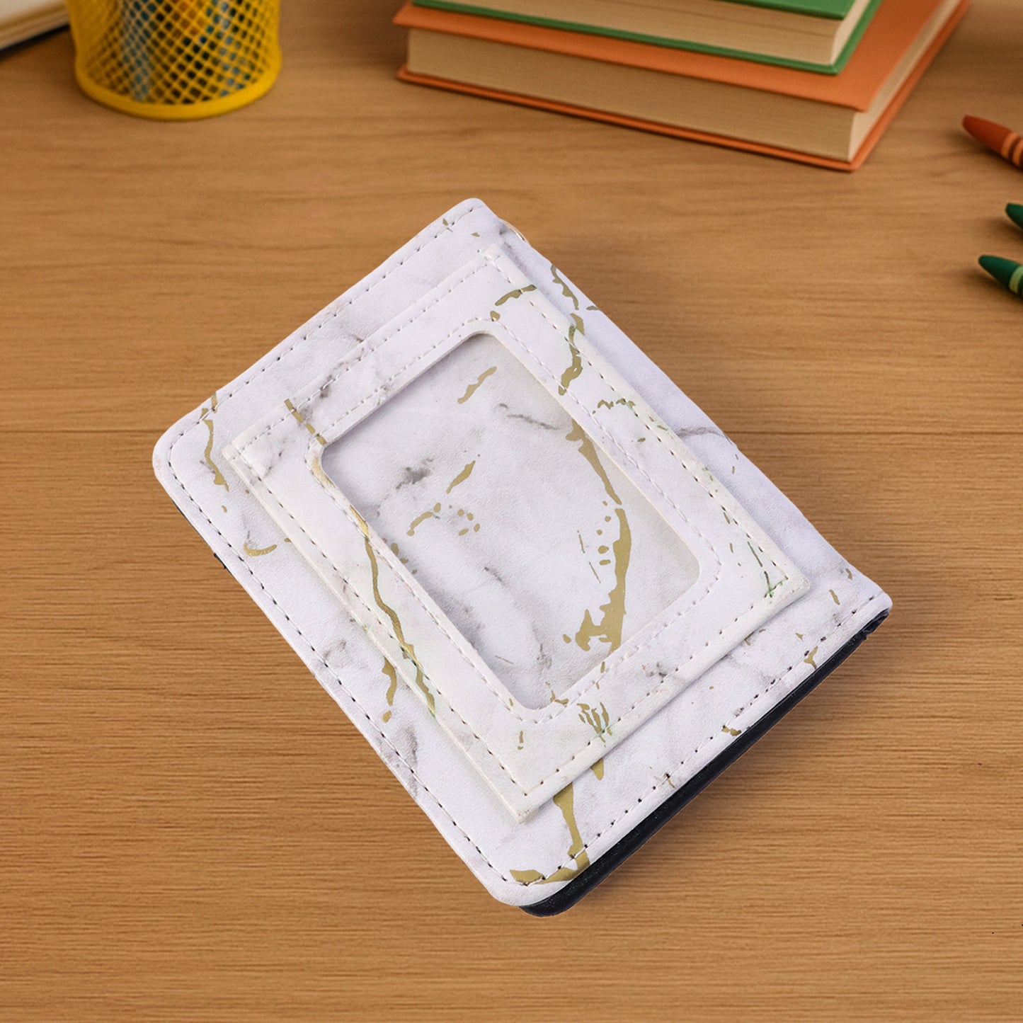 Wukusy compact marble finish snap button card holder wallet showing sleek design and multiple card slots.