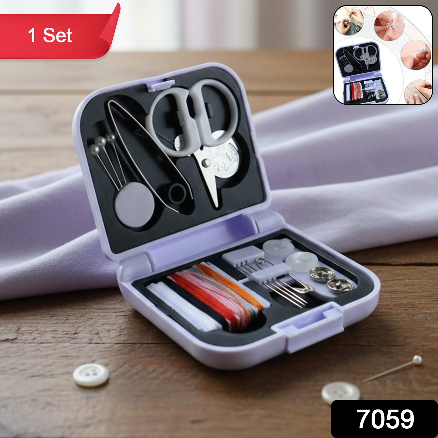Wukusy compact portable sewing kit with scissors, needles, and thread in a small case for on-the-go sewing projects.