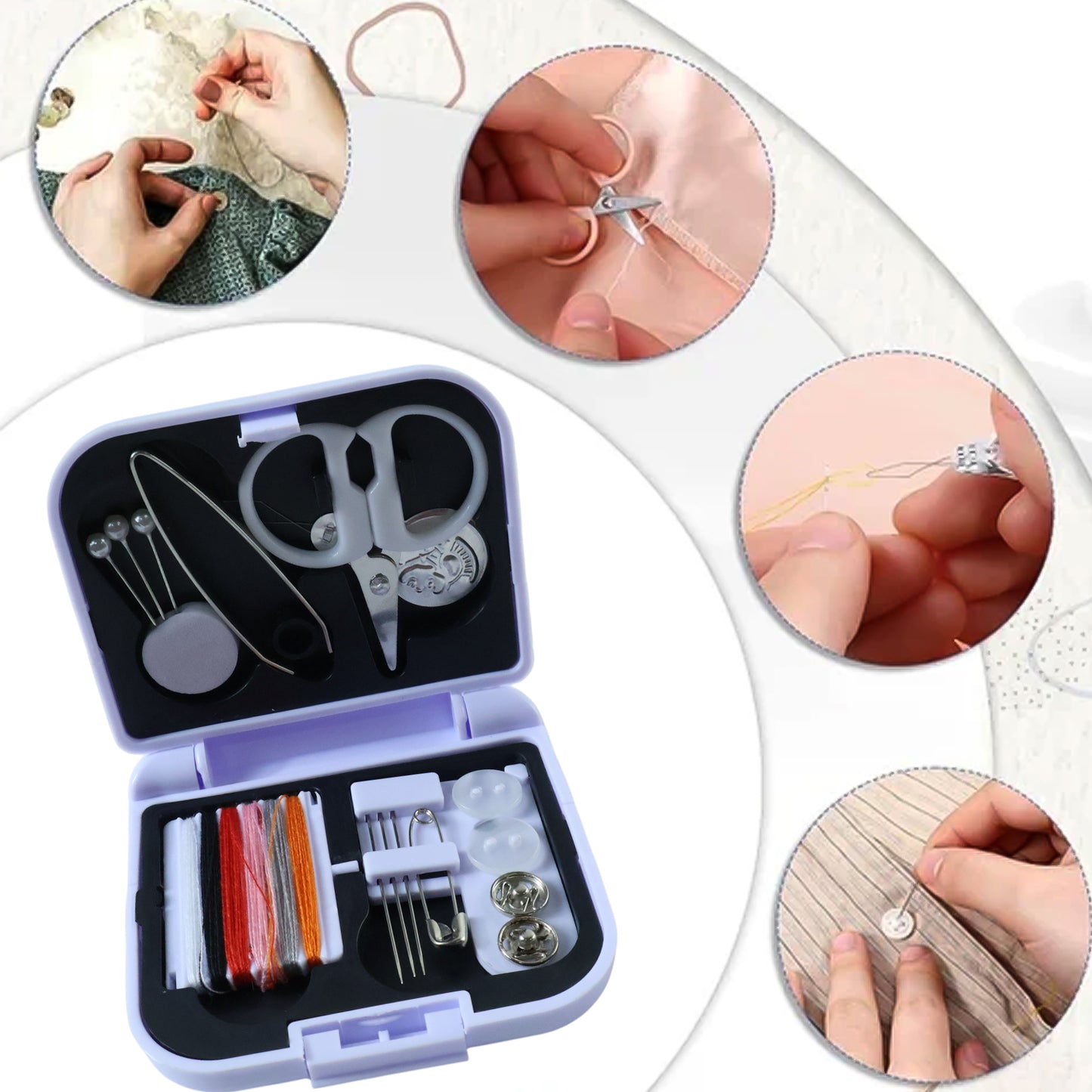 Wukusy compact portable sewing kit with scissors, thread, needles, and buttons for on-the-go sewing repair.