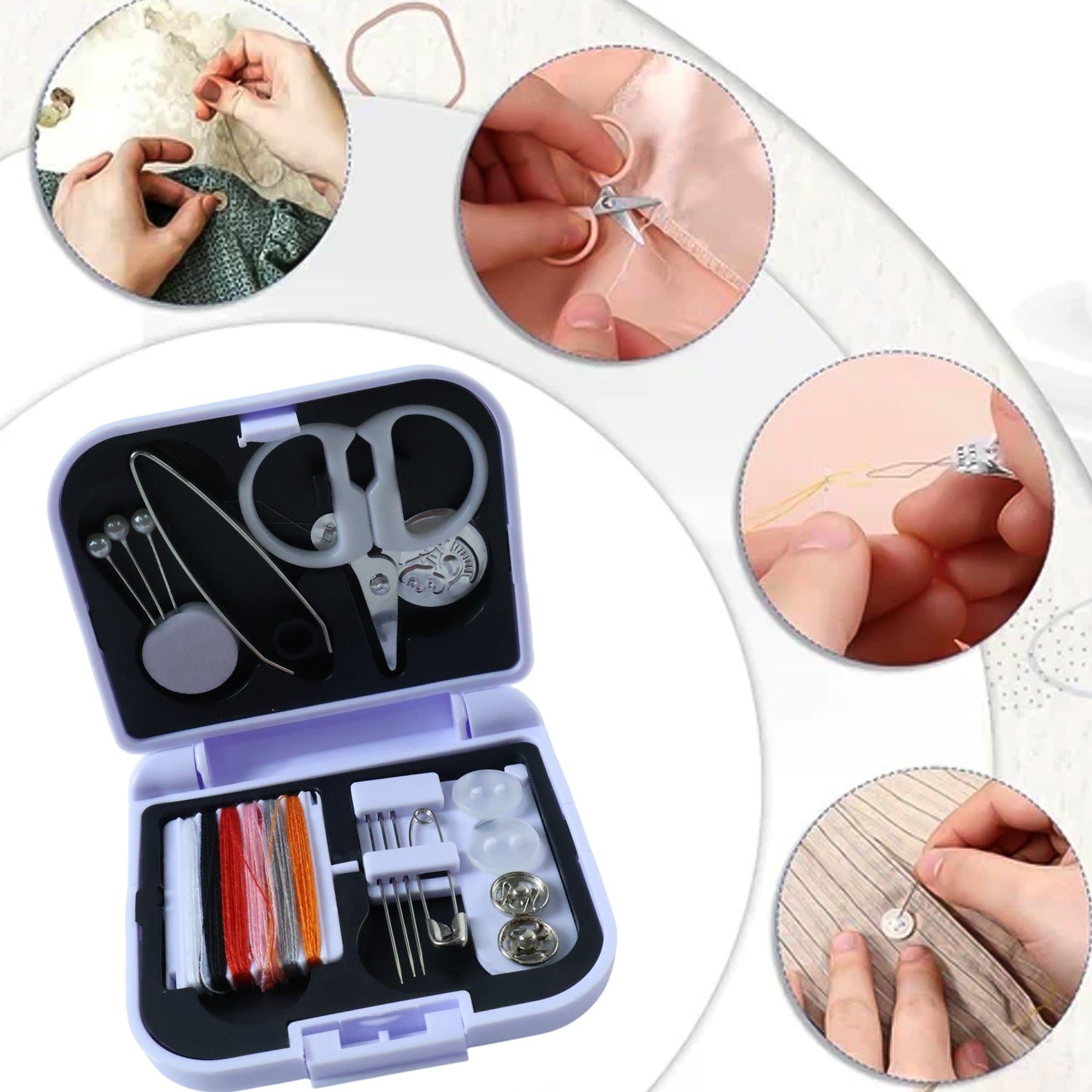 Wukusy compact portable sewing kit with scissors, thread, needles, and buttons for on-the-go sewing repair.