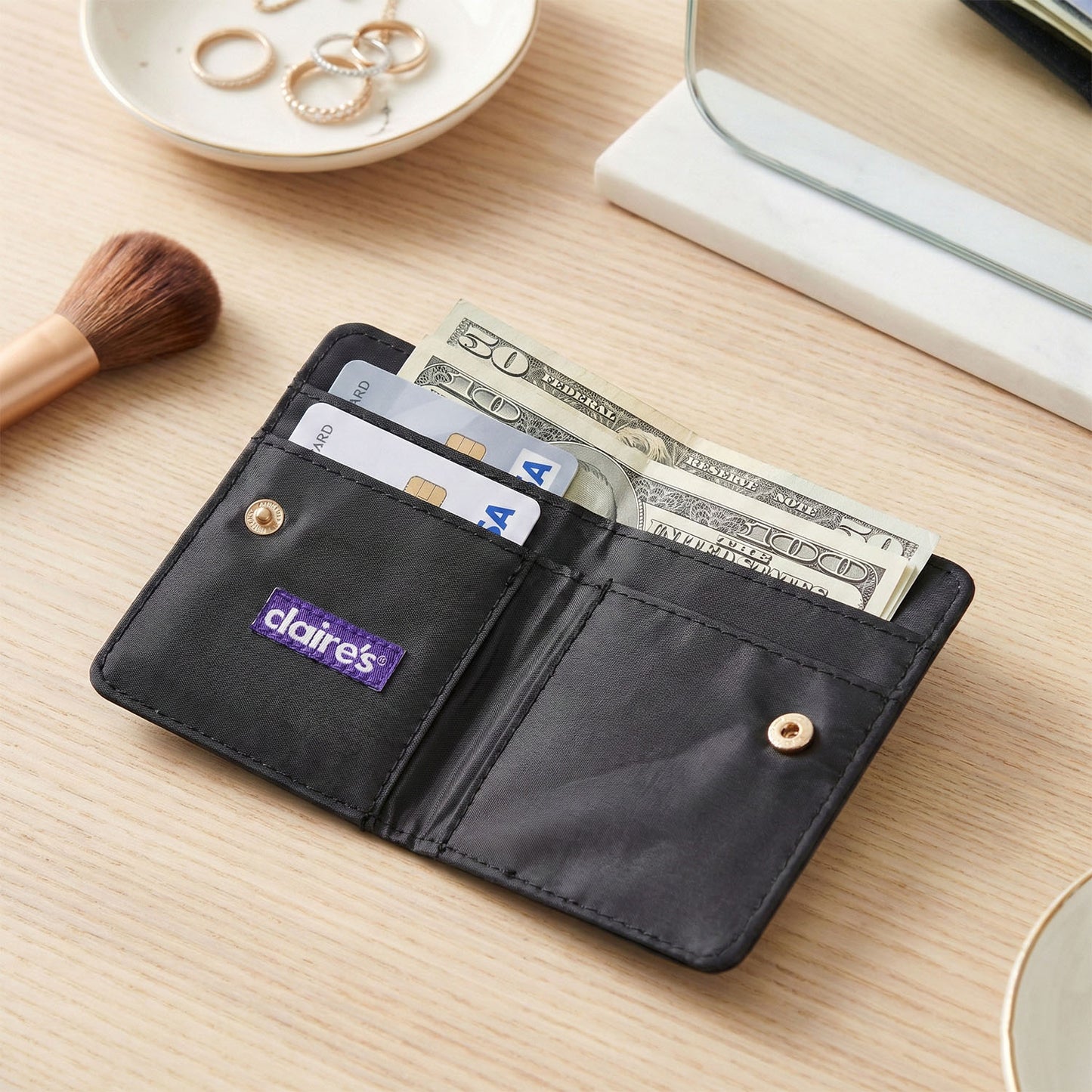Wukusy compact snap button card holder wallet with multiple card slots and secure closure, designed for easy carrying.
