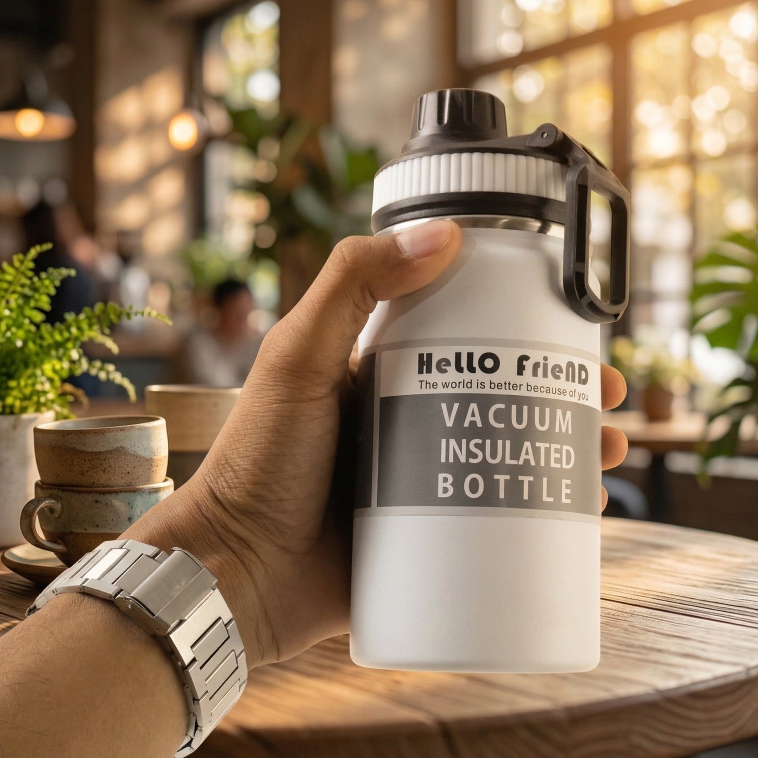 Wukusy compact vacuum insulated water bottle, 400 ml, stainless steel, with a sleek design and leak-proof lid.