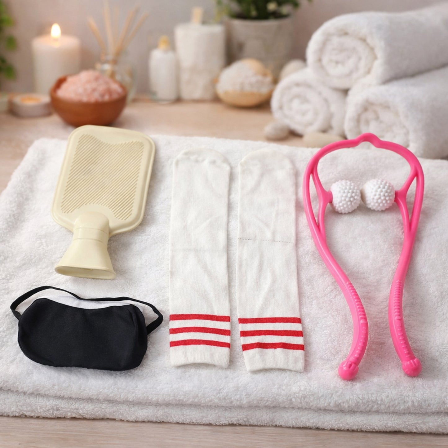 Wukusy Complete Self Care and Relaxation Combo Set with skincare, candles, and wellness items for relaxing at home.