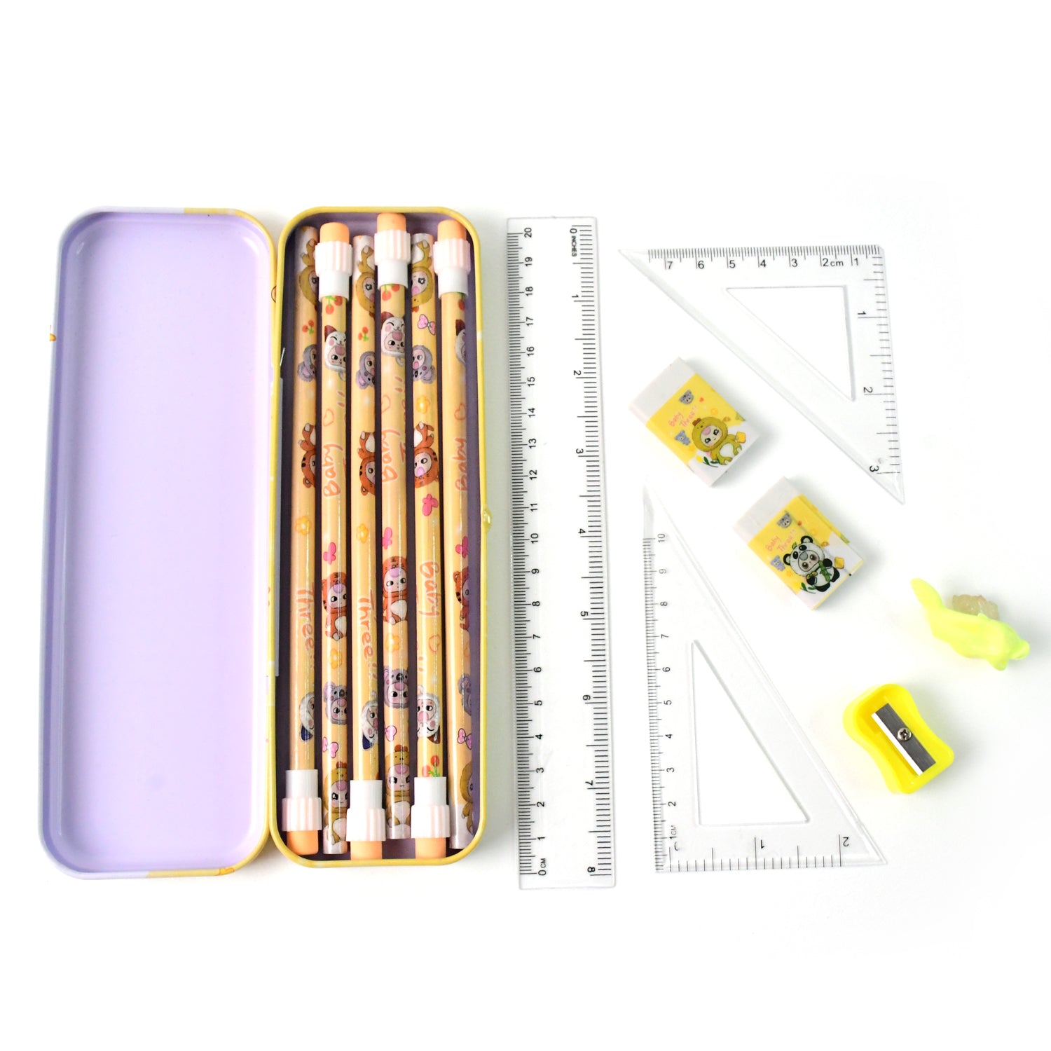 Wukusy Complete Stationery Geometry Box set with pencils, rulers, erasers, and drawing tools on a white background.