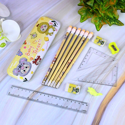 Wukusy Complete Stationery Geometry Box set with pencils, rulers, and compasses on a white background.