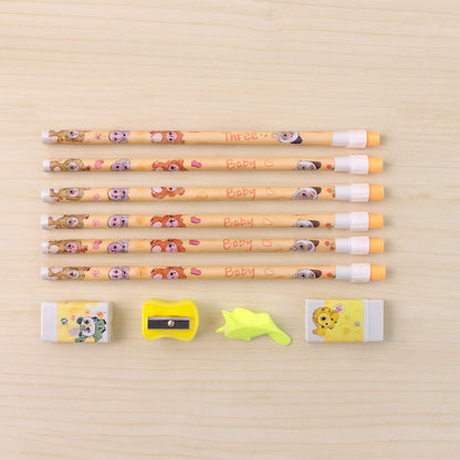 Complete Wukusy stationery geometry box set with pencils, rulers, compasses, and erasers inside a plastic case.
