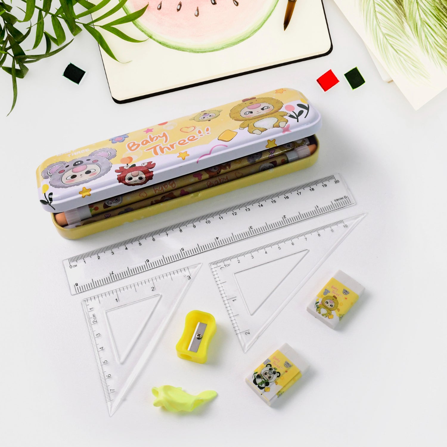 Wukusy complete stationery geometry box set with rulers, compasses, and drawing tools on a white background