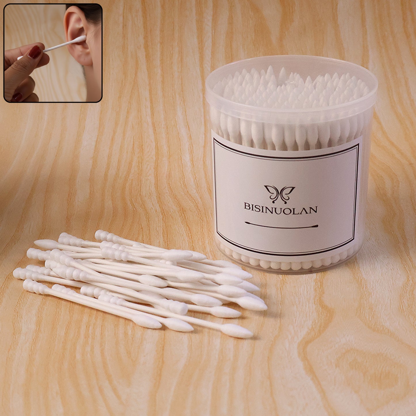 Wukusy cotton ear buds set with 200 biodegradable paper-stem cotton swabs for personal hygiene and cleaning.