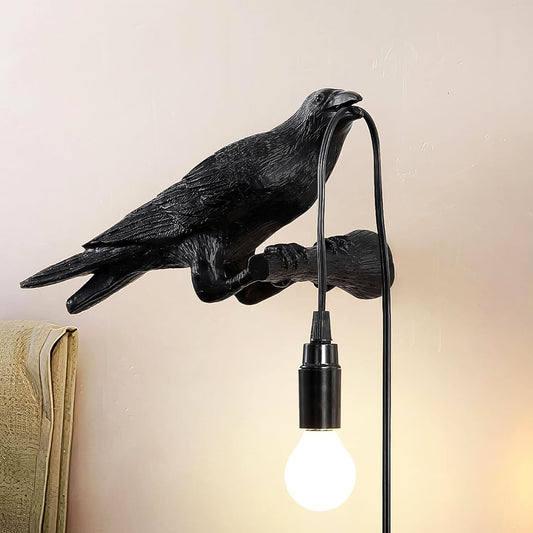 Set of Wukusy crow bird table lamps with vintage Edison bulbs, featuring detailed bird designs and warm ambient lighting.