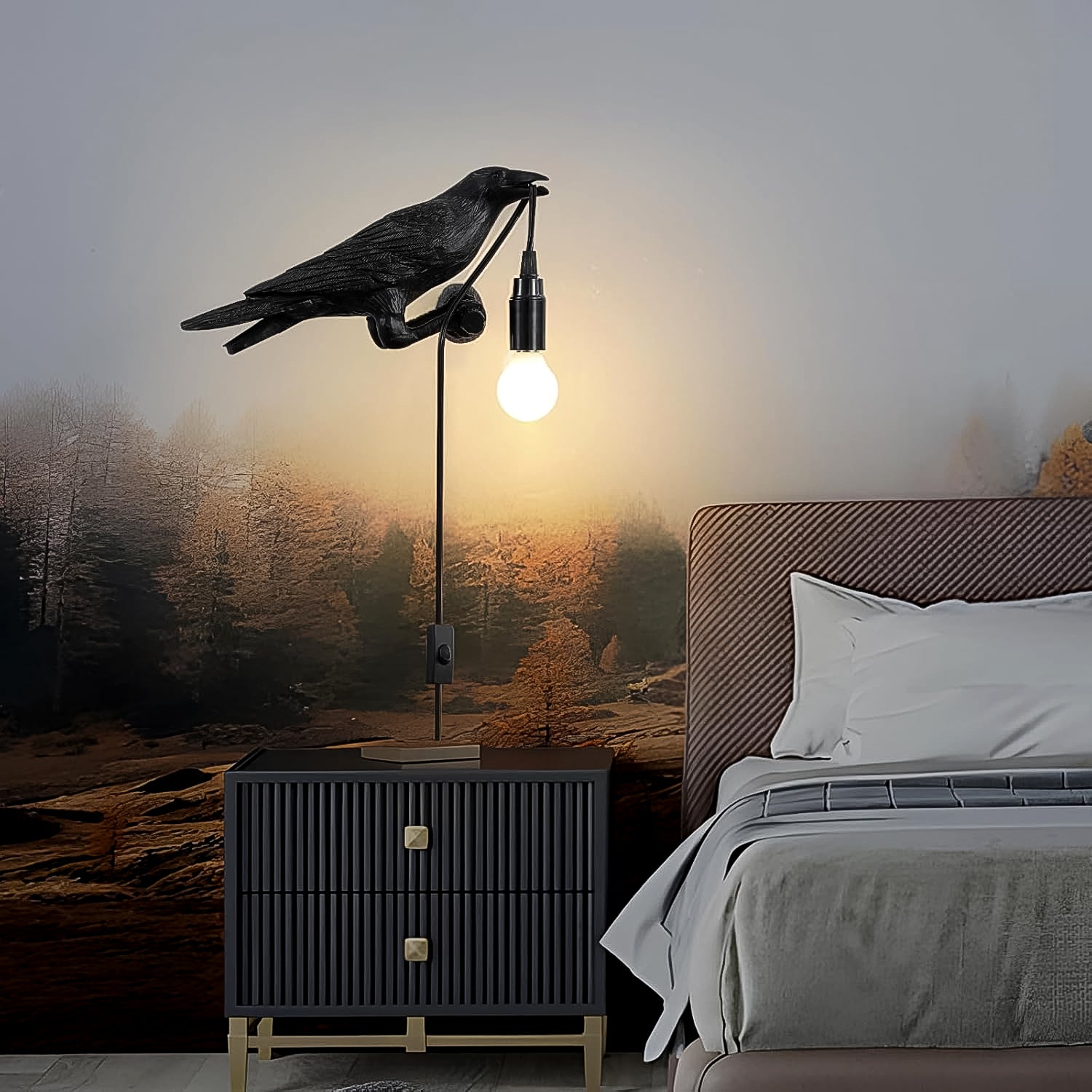 Wukusy crow bird table lamps with vintage Edison bulbs, set of 1, featuring detailed bird design and warm ambient lighting.