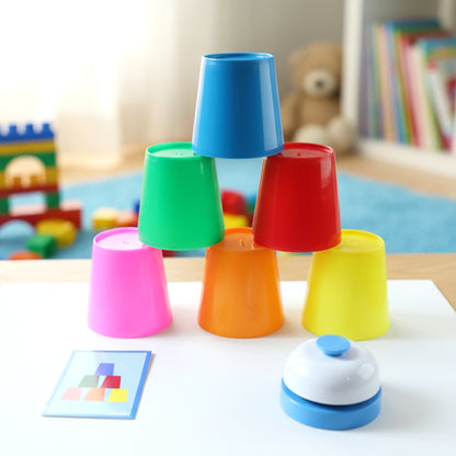 Wukusy Cup Stacking Battle Challenge Game Set with colorful plastic cups for competitive stacking fun and skill.