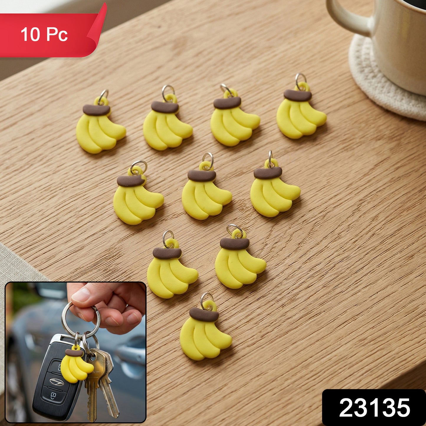 Set of 10 cute banana-shaped bag charm keychains by Wukusy, featuring colorful, playful accessories for bags and keys.