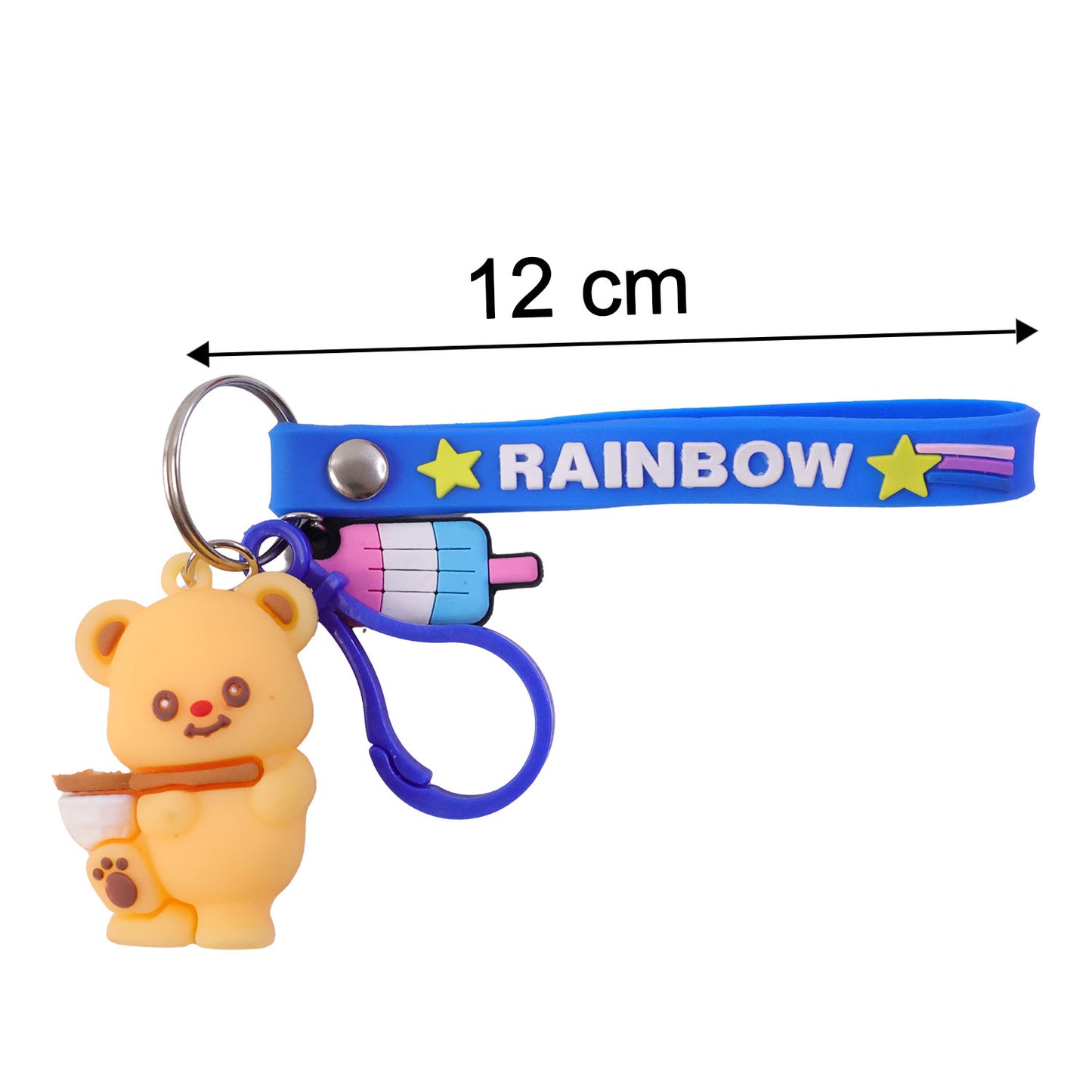 Cute bear cartoon keychain with rainbow strap by Wukusy, featuring a playful bear design on a colorful strap.