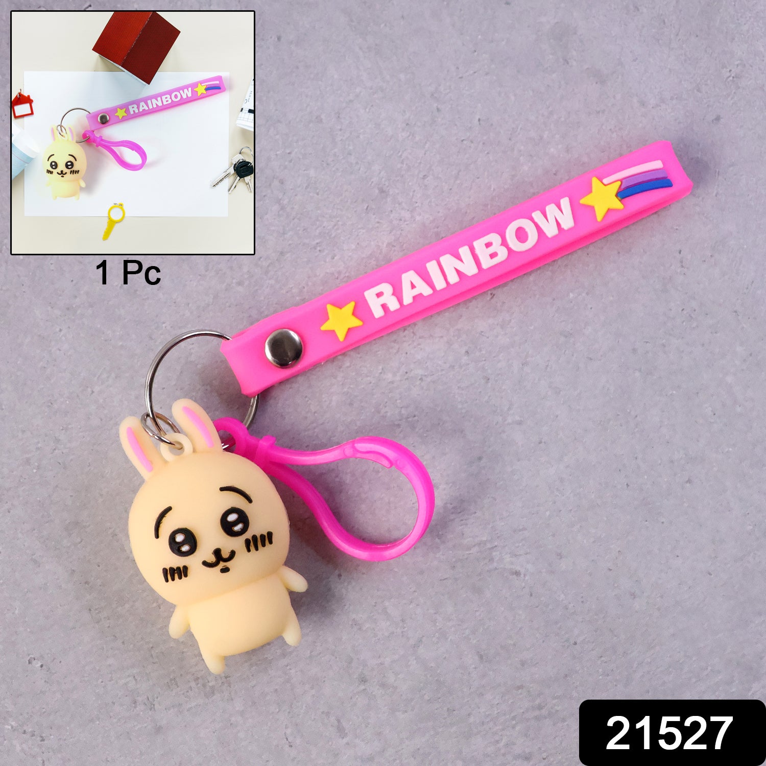 Wukusy cute bunny character keychain featuring a plush bunny with detailed facial features, perfect for attaching to bags or keys.