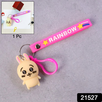 Wukusy cute bunny character keychain featuring a plush bunny with detailed facial features, perfect for attaching to bags or keys.