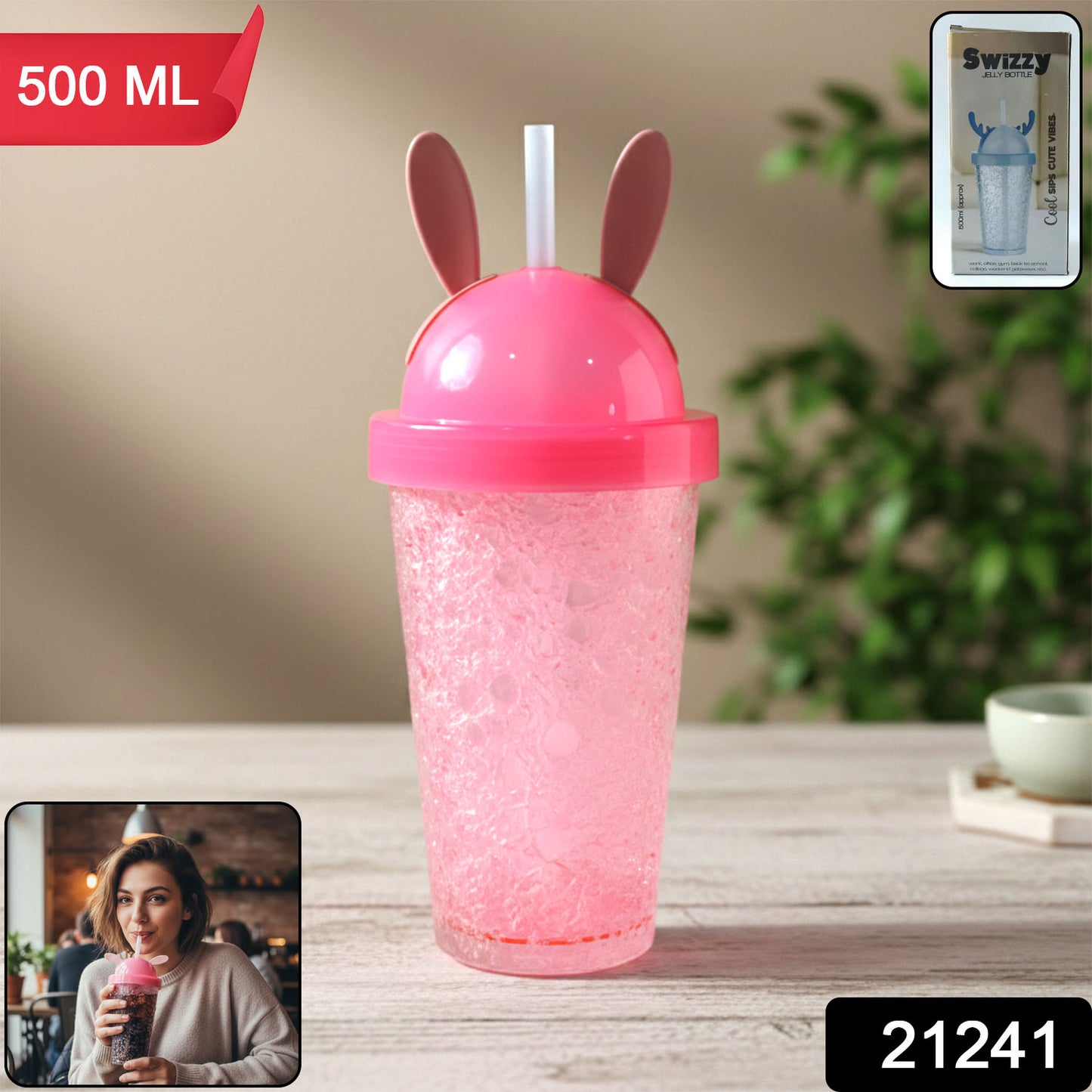 Wukusy 500ml cute bunny ear design tumbler sipper bottle, made of durable plastic with a colorful bunny motif and spill-proof lid.