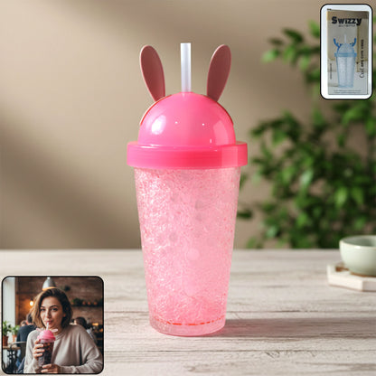 Wukusy cute bunny ear design tumbler sipper bottle, 500ml, with a colorful, playful bunny-themed exterior and lid.