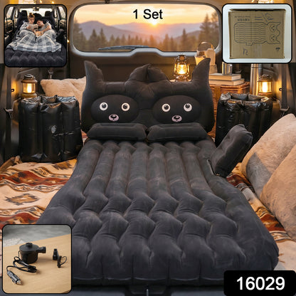 Wukusy cute car air mattress set with black cat pillow for comfortable on-the-go sleeping, shown inflated inside a vehicle.