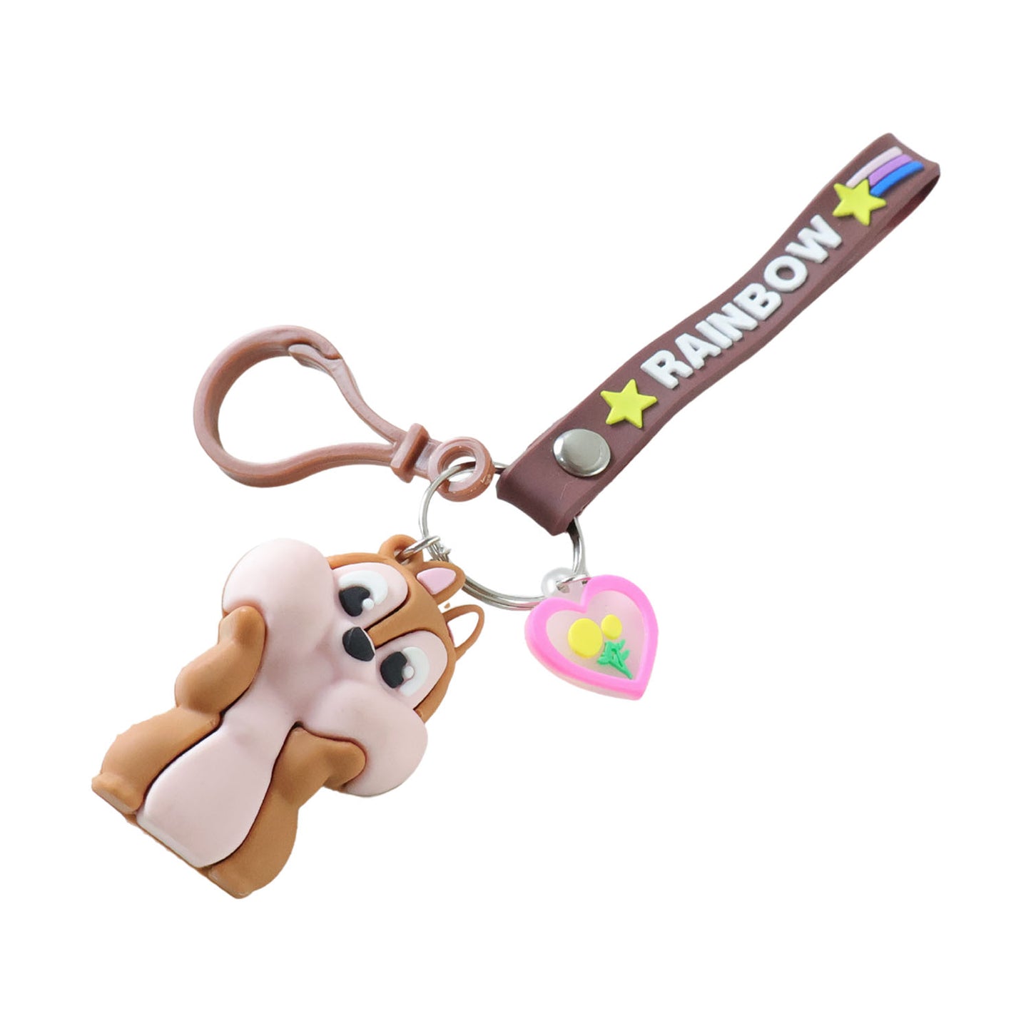 Cute cartoon animal silicone keychain with rainbow strap by Wukusy, featuring a colorful, playful design on a keyring.